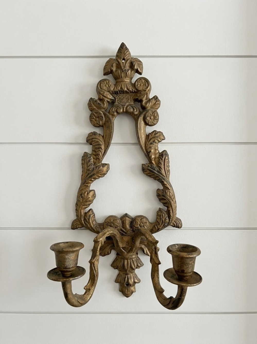Antique Style Gold Cast Iron Wall Sconce - Ornate Double Candle Holder